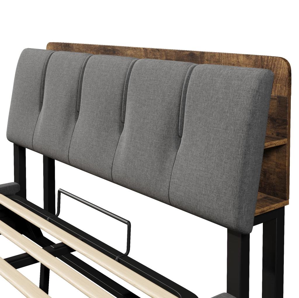 Letto imbottito 140x200 cm con contenitore, USB, LED e testiera con vani