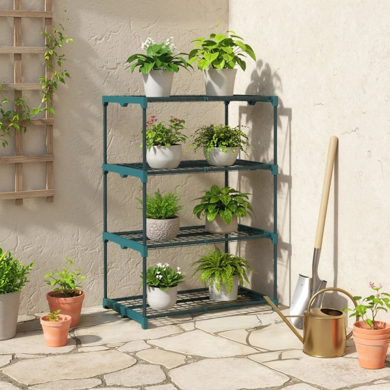Scaffale a 4 livelli per piante con struttura a incastro per balcone e terrazza in plastica verde scuro stabile
