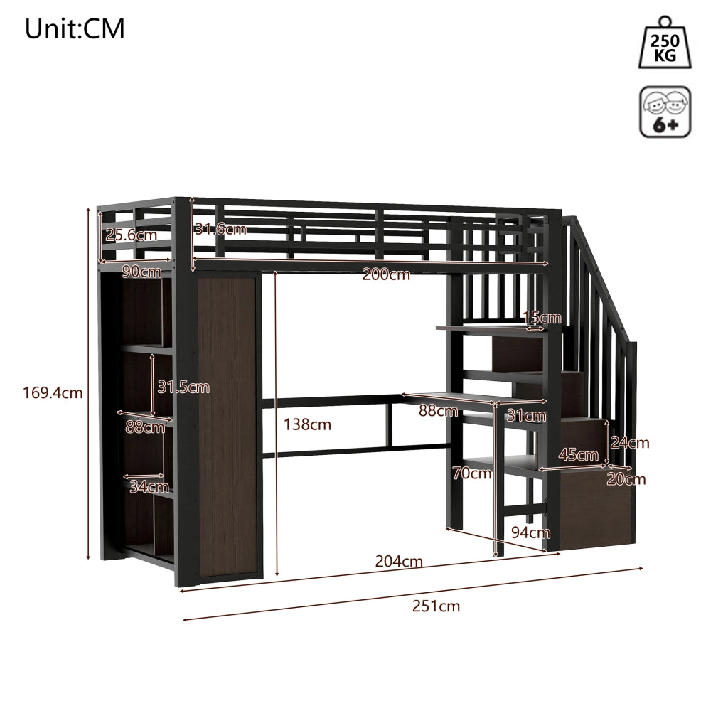 LETTO a soppalco 90x200 cm in metallo nero con scrivania e ripiani, senza materasso