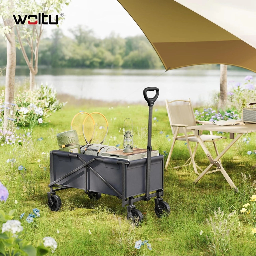 Carrello con Ruote, Carrello da Giardino Pieghevole, Manico Regolabile, 78x43x90cm, Capacità di carico: 80 kg, Ruote per Tutti i Terreni, per Esterni, Giardinaggio, Campeggio, Shopping, Grigio
