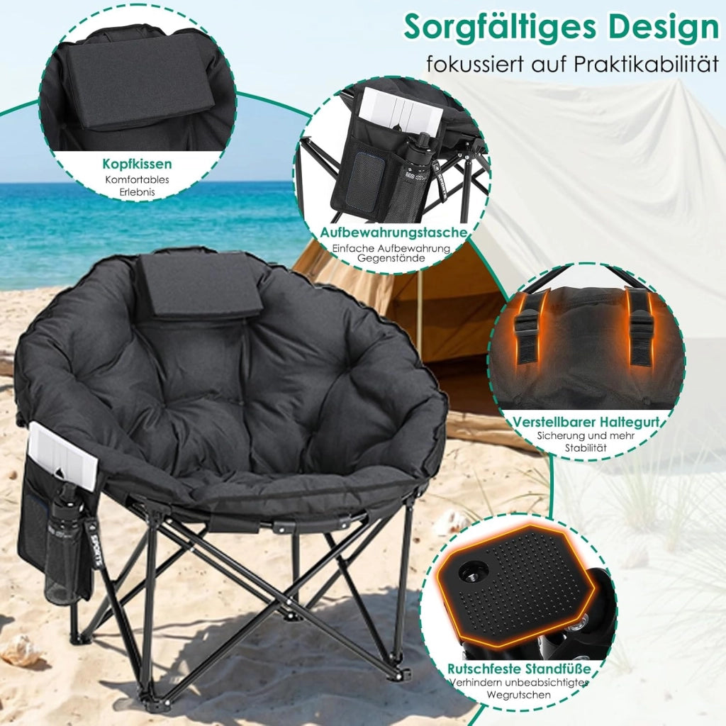 Sedia da campeggio 95 x 83 x 93 cm, sedia pieghevole Moon con seduta imbottita in cotone, poggiatesta, portabicchieri, piedini antiscivolo, borsa portaoggetti e supporto, 150 kg, portatile