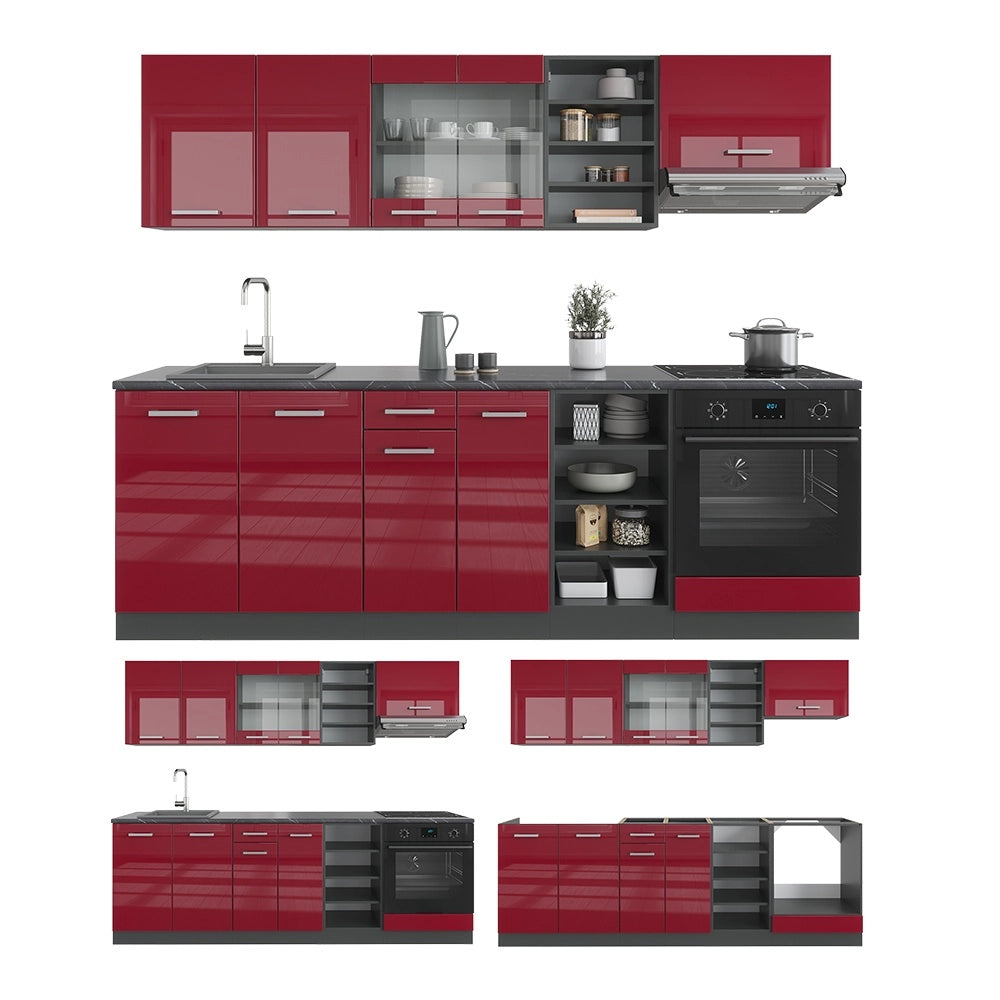 Cucina componibile R-Line Rosso lucido/Antracite 240 cm senza piano di lavoro Vicco
