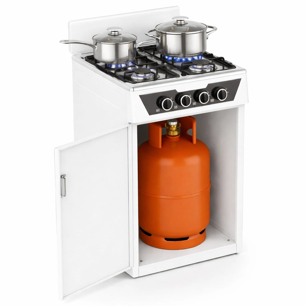 Cucina a Gas 4 Guochi da Esterni con Portabombola e Paravento Compatta Bianco