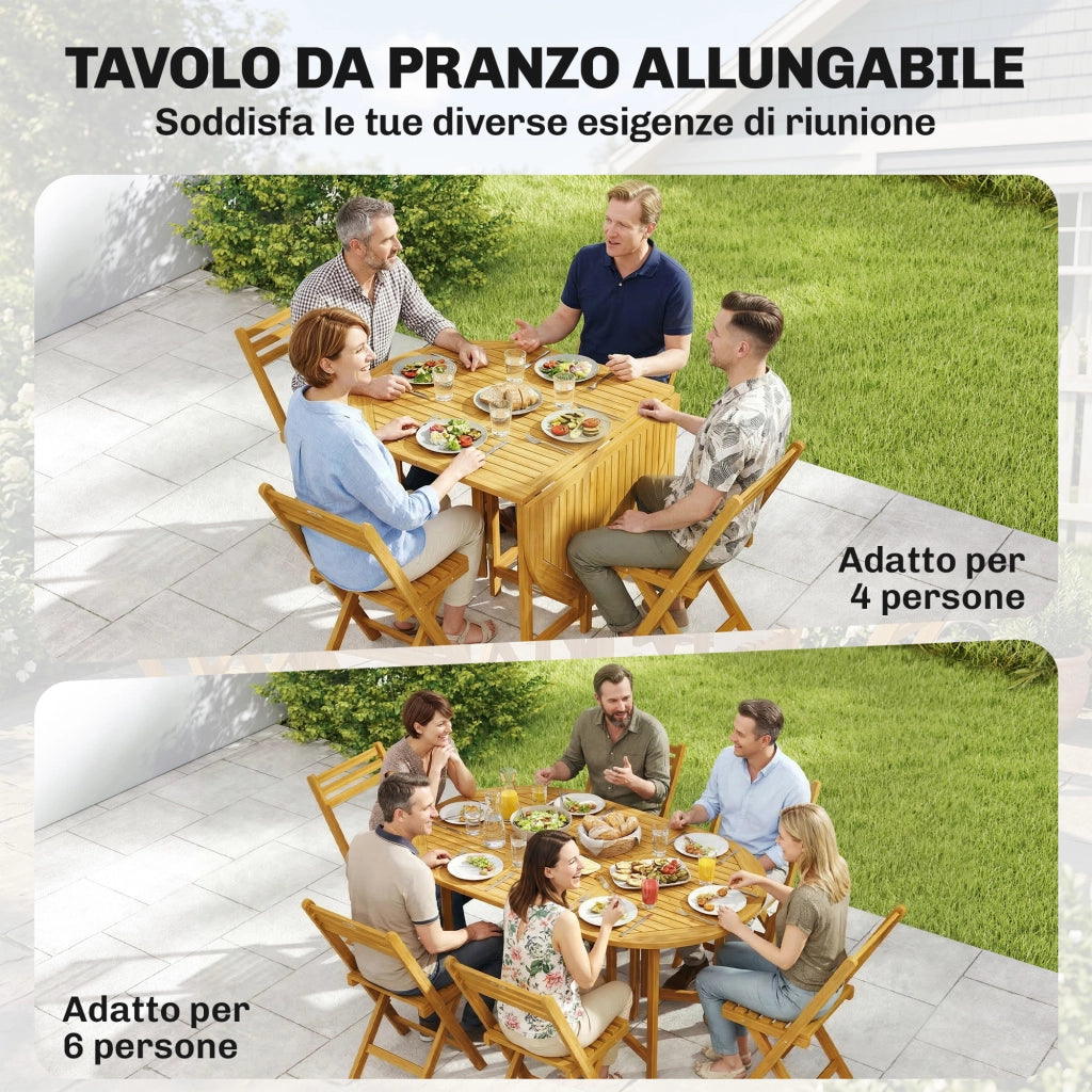 Set Pranzo 7 Pezzi, Tavolo Estensibile Legno e 6 Sedie Pieghevoli per Giardino