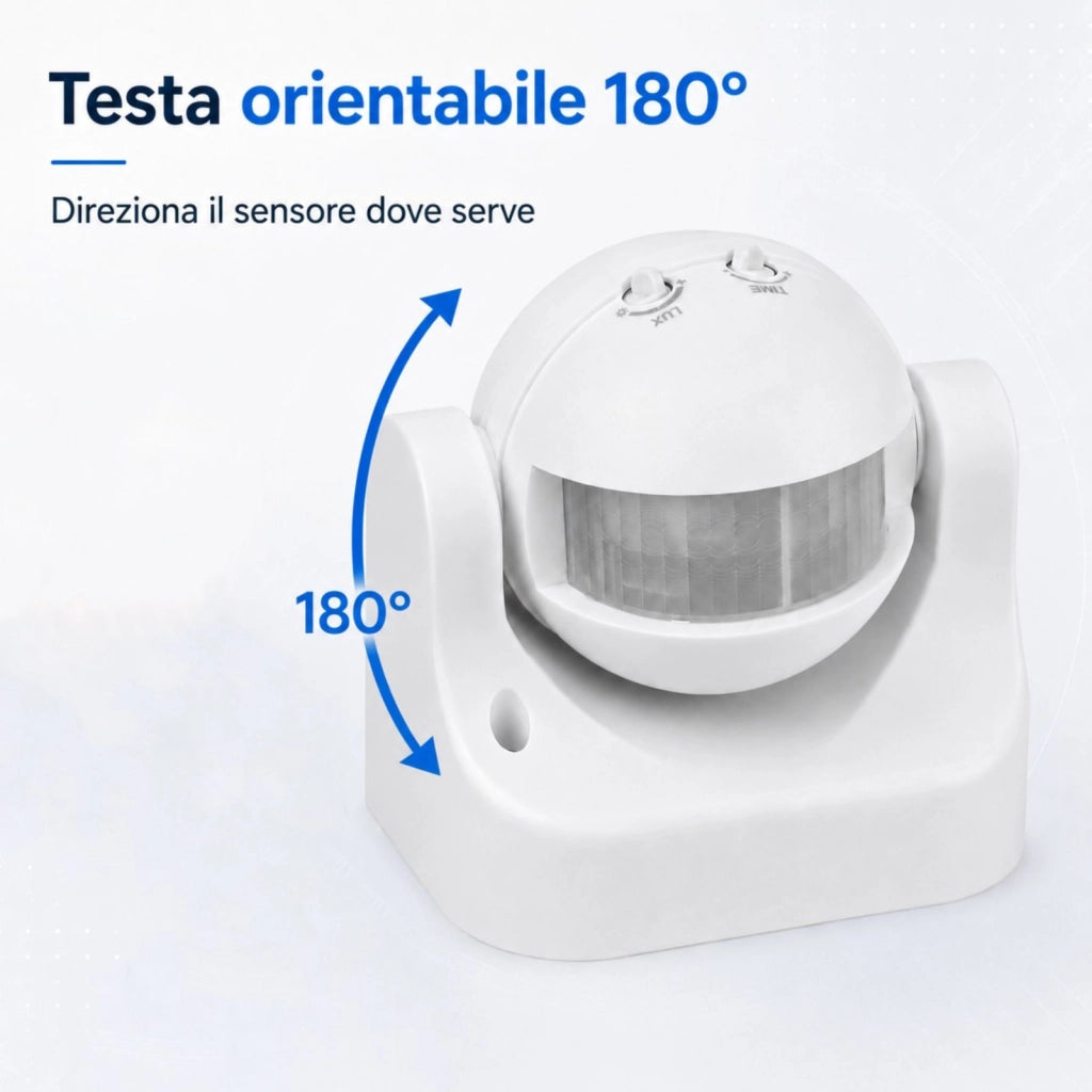 Sensore PIR Movimento Luce Crepuscolare Timer Rilevamento Presenza Infrarossi 220V Massimo 1200W IP44 Esterno Da Muro Orientabile 180 Gradi SKU-4967