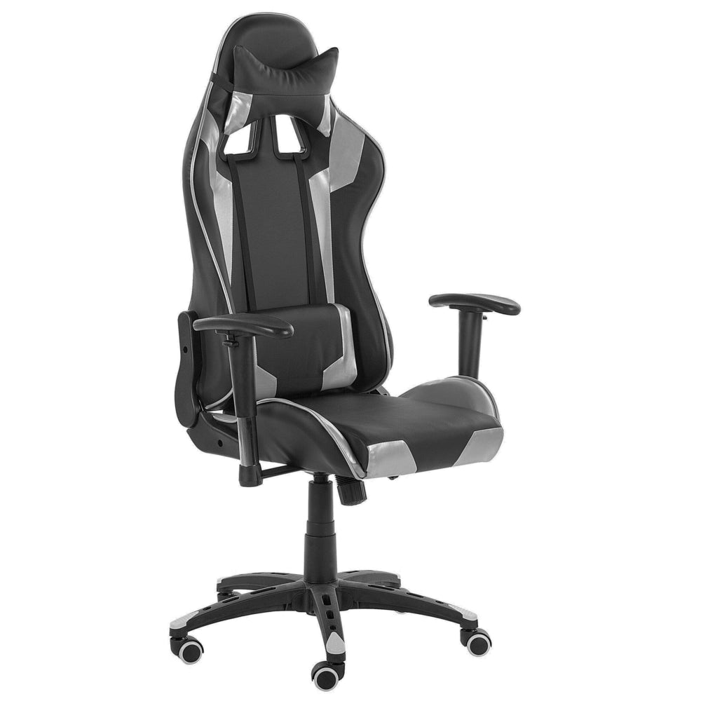 Sedia da gaming girevole in pelle sintetica nera e argento regolabile in altezza