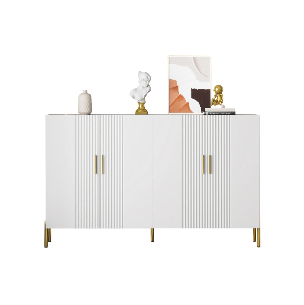 Credenza multifunzionale bianca opaca 160x35x100 cm in pannello truciolare con dettagli dorati