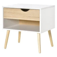 Comodino, Tavolino da Notte, con Cassetto, Design Moderno, Gambe in Legno Massiccio, 50 x 39 x 51 cm, Bianco e Legno Naturale
