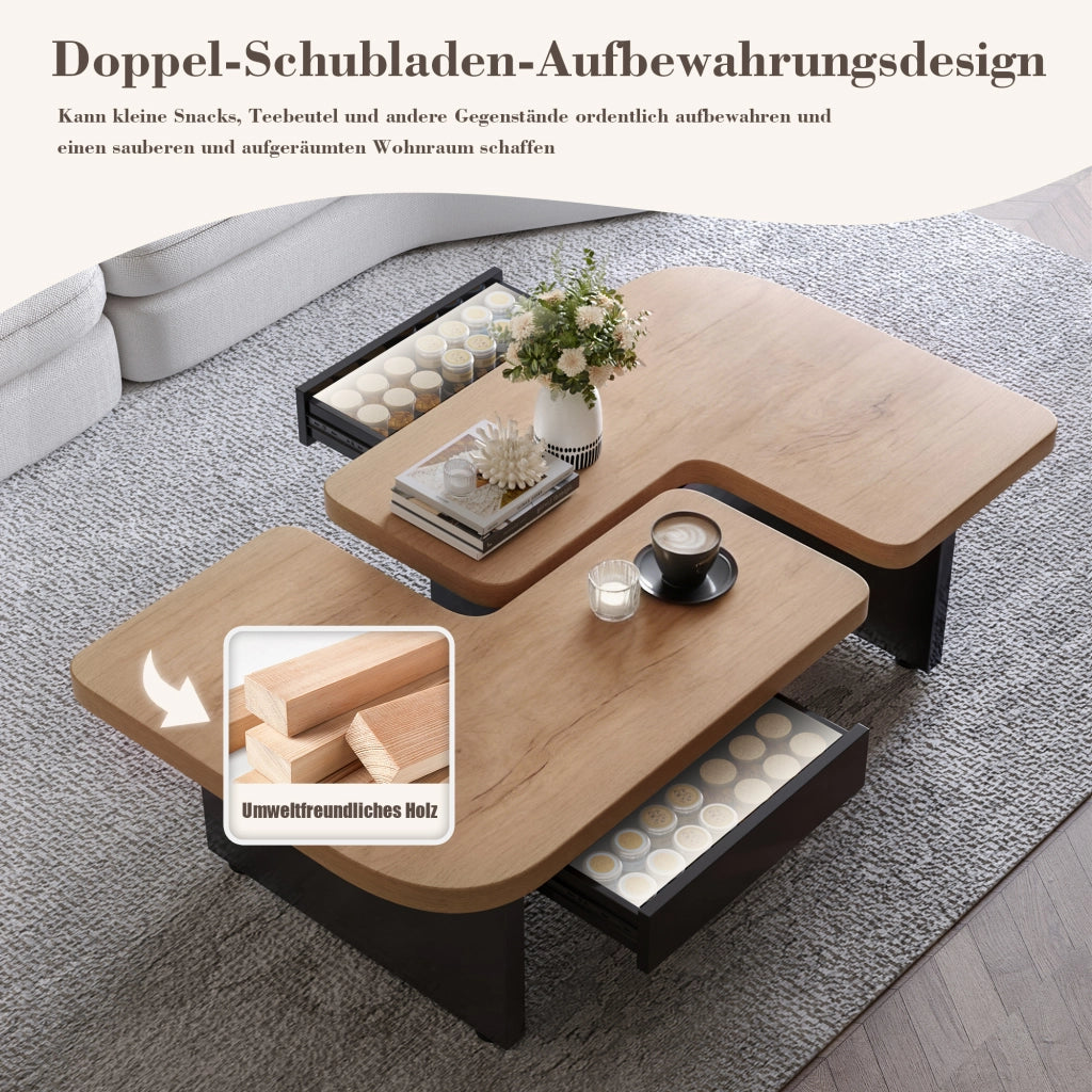 Tavolini da Salotto Impilabili con 2 Cassetti; LED e Piedini Regolabili; Stile Moderno; in MDF; Naturale e Nero