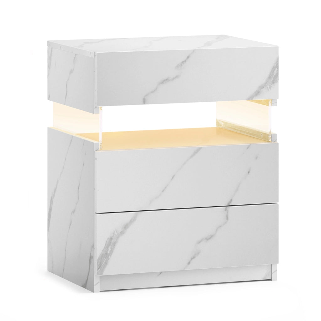 Comodino con 3 cassetti e luce LED RGB; in legno ingegnerizzato; bianco opaco