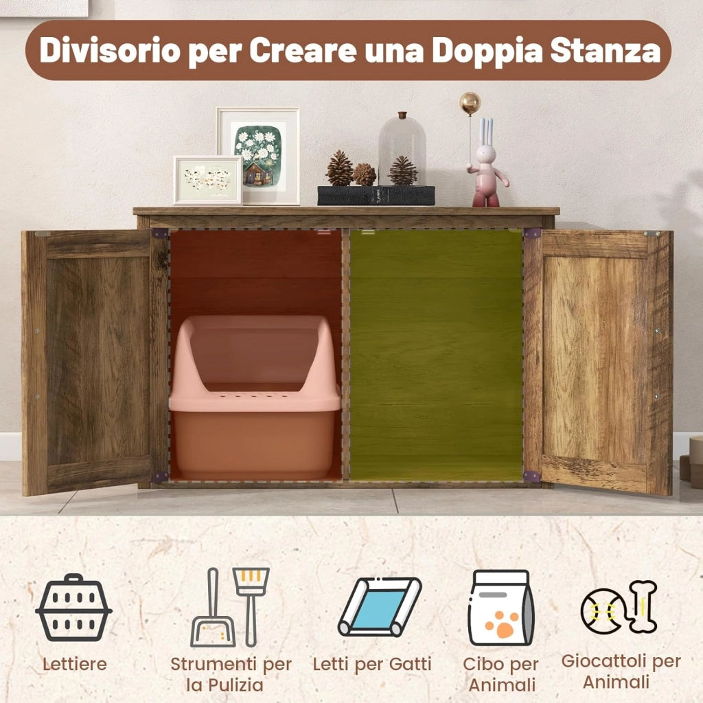 Mobile Lettiera per Gatti in Legno con Piano Ampio e Apribile, Interno Sapzioso e Divisorio Rimovibile, Casetta per Gatti da Interno in Stile Fienile con 2 Ingressi, 80 x 54 x 53,5 cm