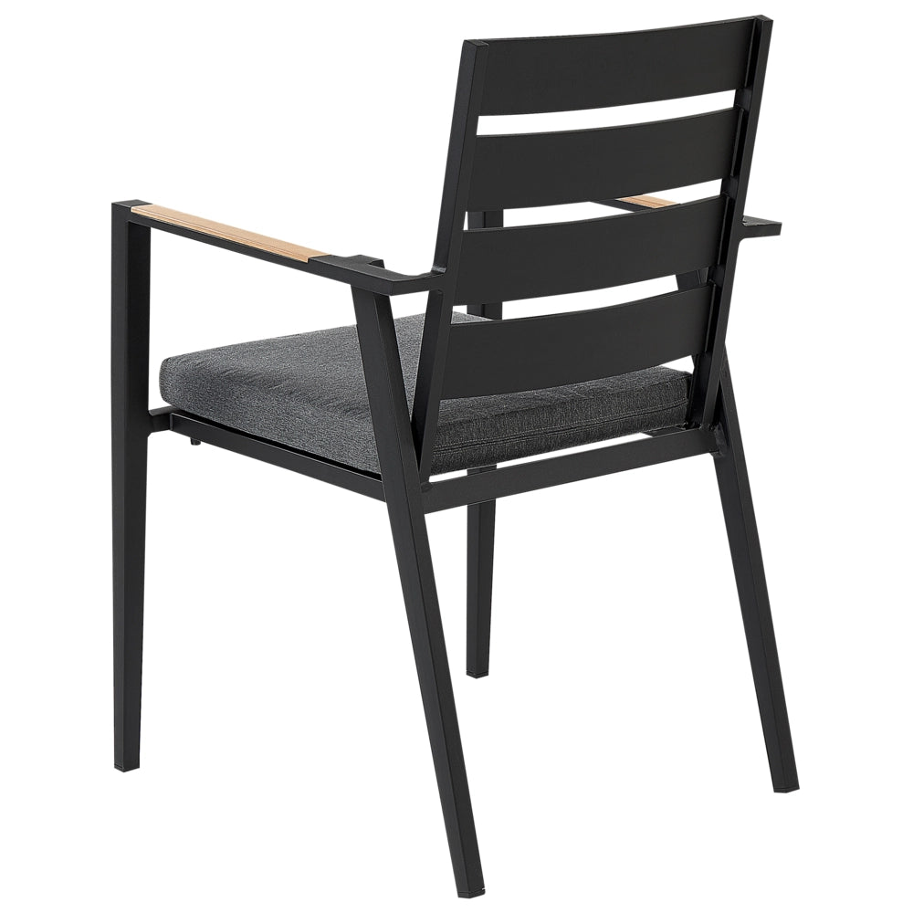 Set di mobili da esterno tavolo rotondo da pranzo nero 110 cm in alluminio e legno sintetico 4 sedie cuscini grigi