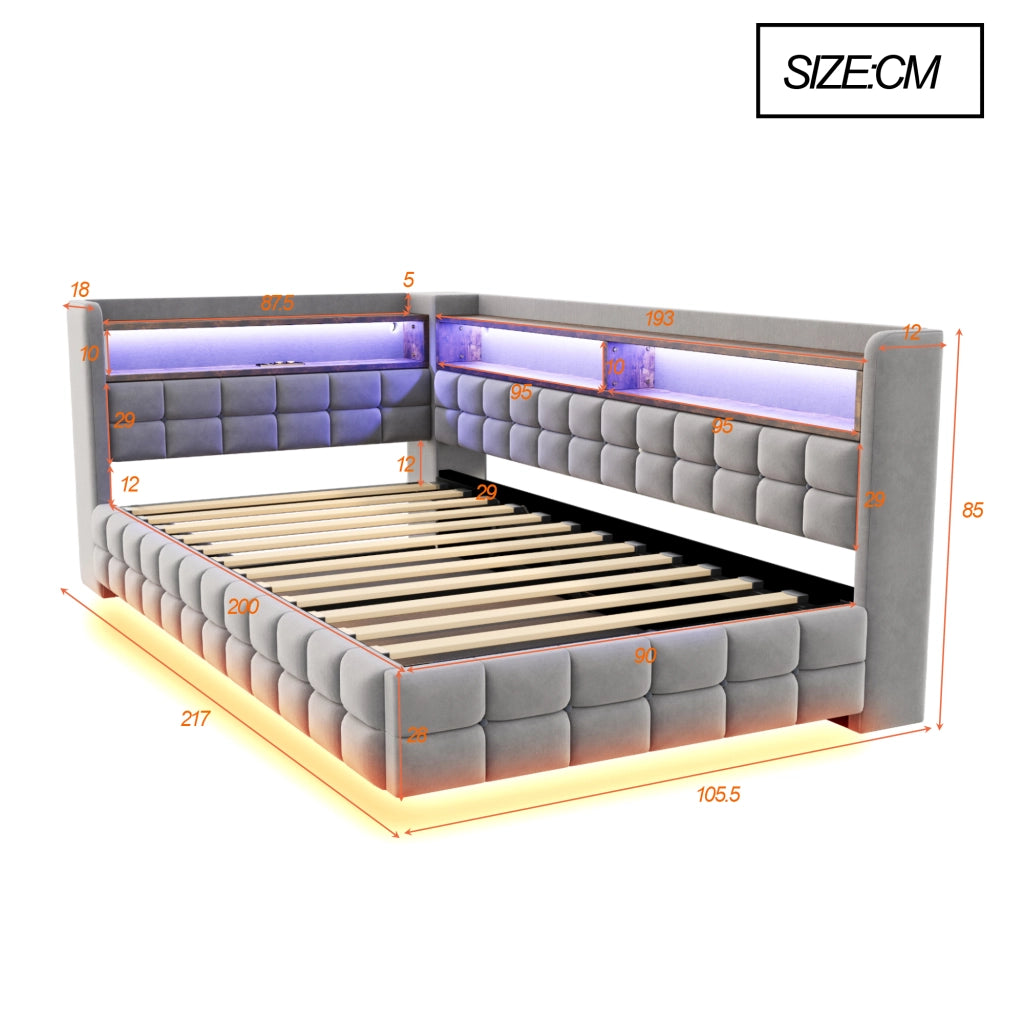 Letto singolo imbottito 90×200 cm con contenitore idraulico; LED; USB; Type-C e ripiani; senza materasso