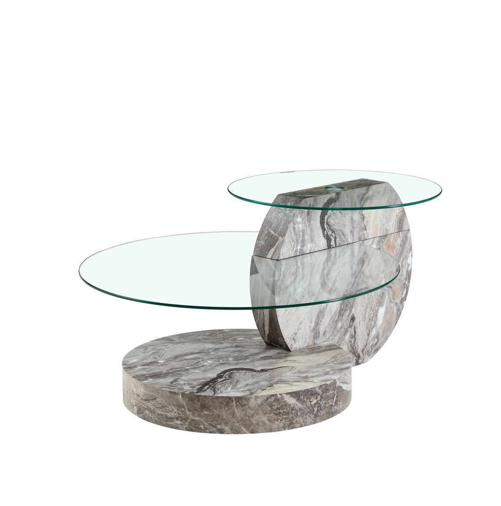 Tavolino da caffè con doppio piano in vetro e base effetto marmo; MDF e vetro; grigio