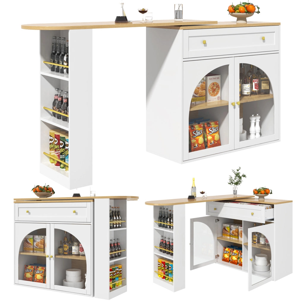 Tavolo da Pranzo con Scaffale a 3 Livelli; Ante in Vetro e Rotazione 360; in MDF; 138-204x39x104 cm; Bianco