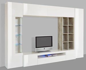 Parete Attrezzata Soggiorno 200x40x35 cm Egypt Bianco Lucido e Cemento