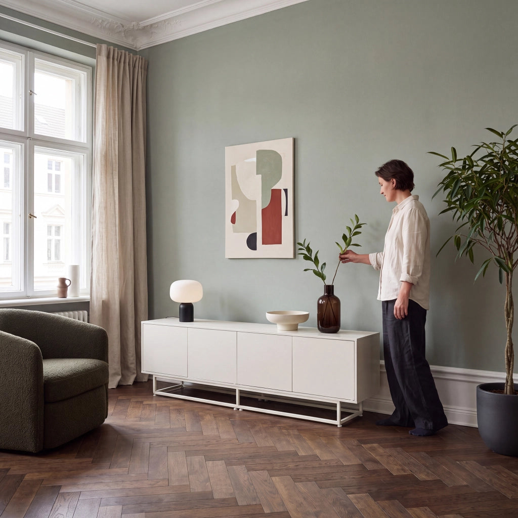 Armadietto Boxholm Credenza Bassa con 4 Ante Push-Open 180x30x56 cm Avena Oatmeal [en.casa]