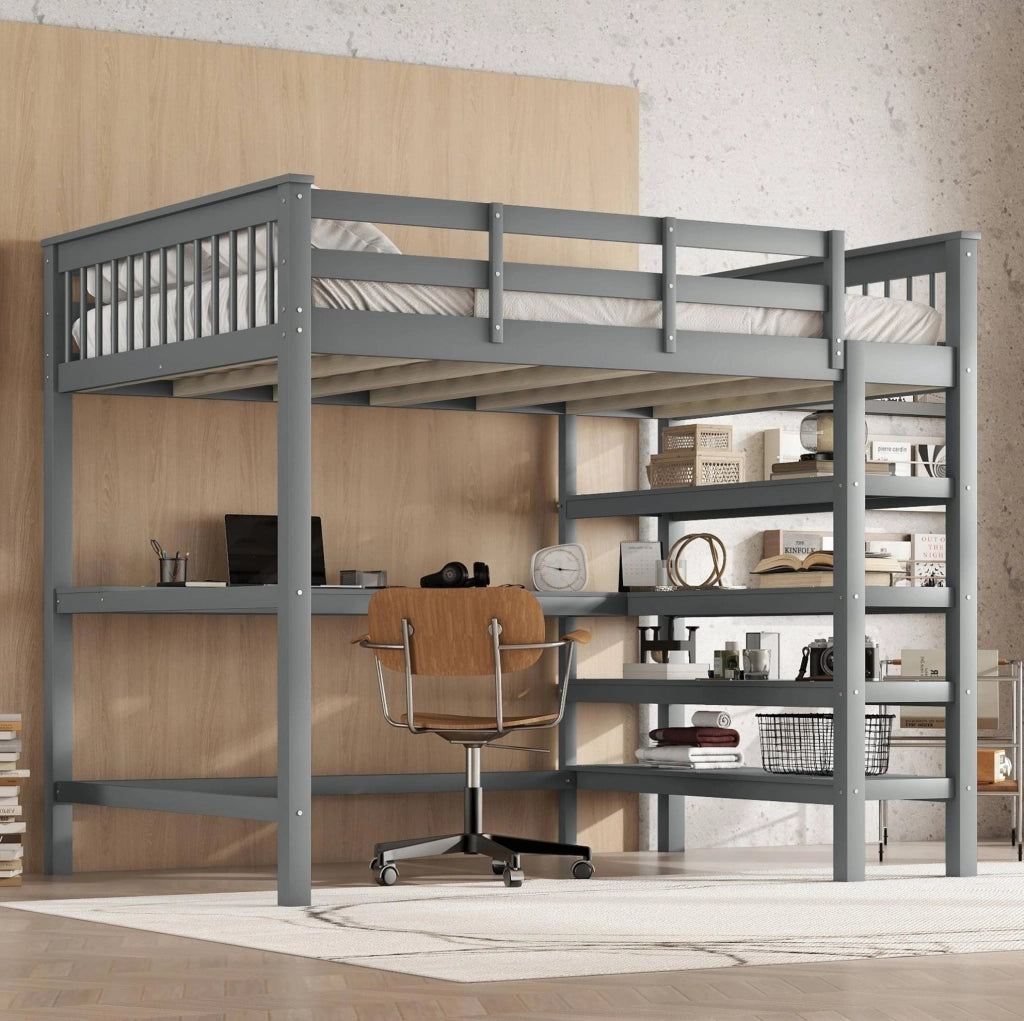 Letto a soppalco 140x200 cm con scrivania e scaffali, grigio