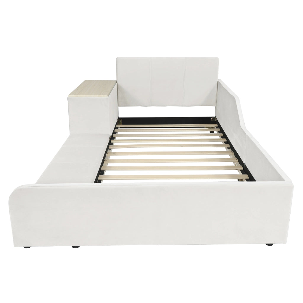 OKWISH Letto combinato 90×200 cm, Letto Singolo con Scrivania, Sgabello e Ripiano, senza Materasso, in Velluto, Bianco