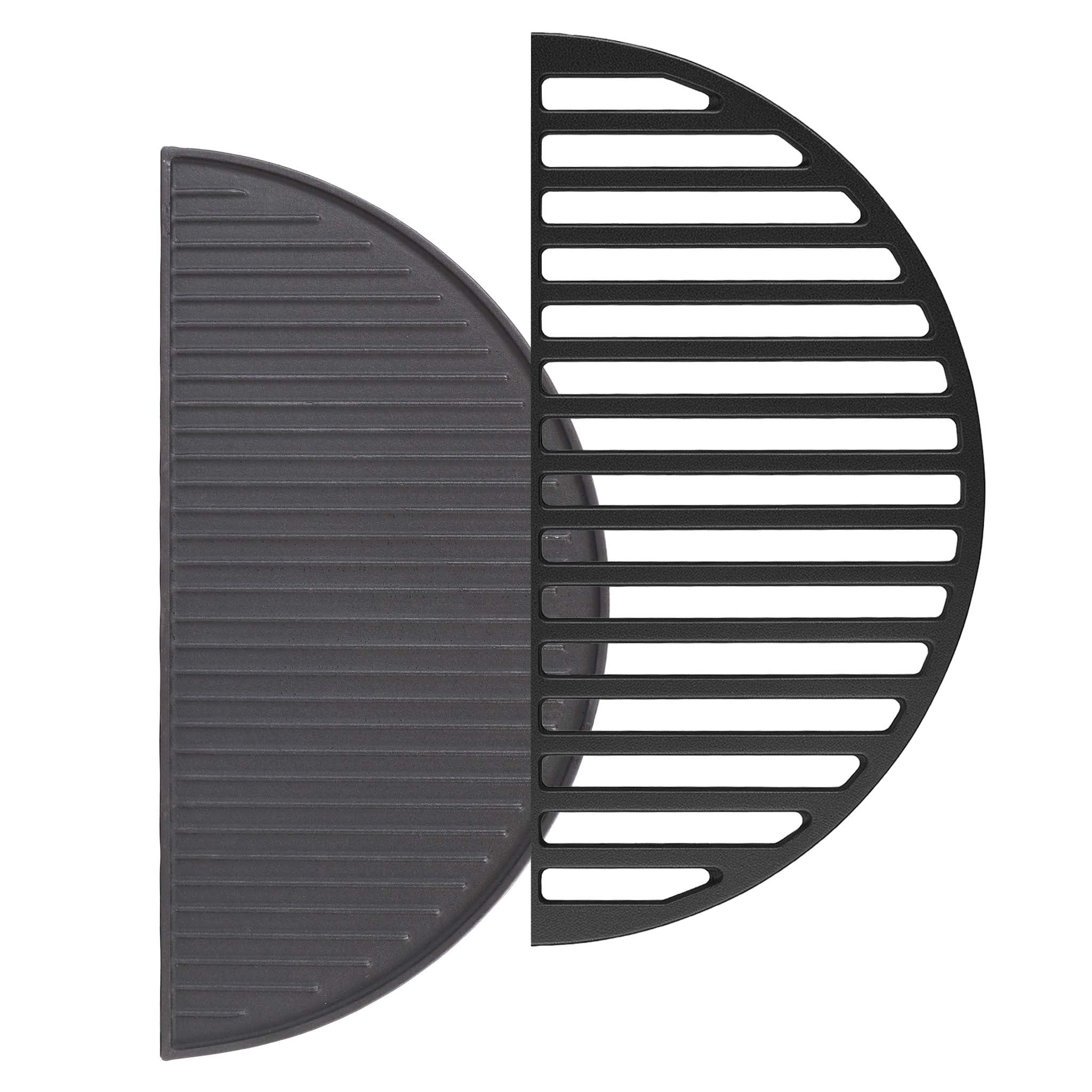 Set 1x Piastra in ghisa rigata + 1x Griglia in ghisa, forma a mezza luna, 46,7 x 22,8 cm, per barbecue, bistecchiera, ideale per grigliare carne, pesce, verdure