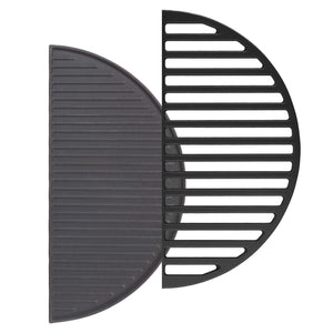 Set 1x Piastra in ghisa rigata + 1x Griglia in ghisa, forma a mezza luna, 46,7 x 22,8 cm, per barbecue, bistecchiera, ideale per grigliare carne, pesce, verdure