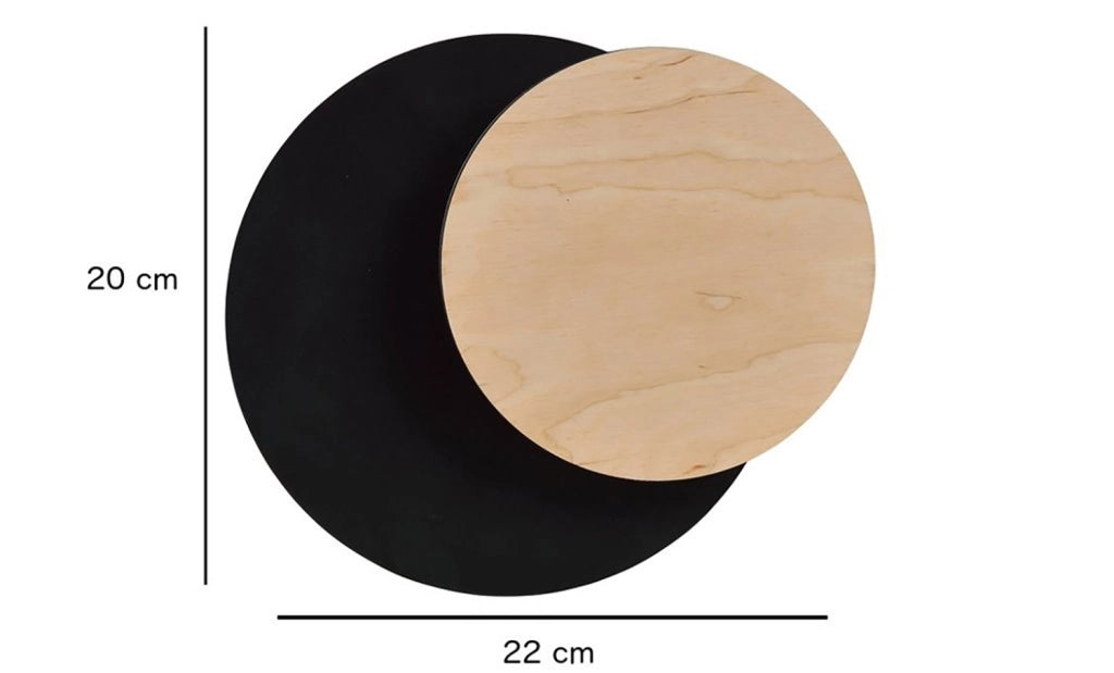 Applique 1 Luce A Disco Con Base In Acciaio Nero E Legno Naturale