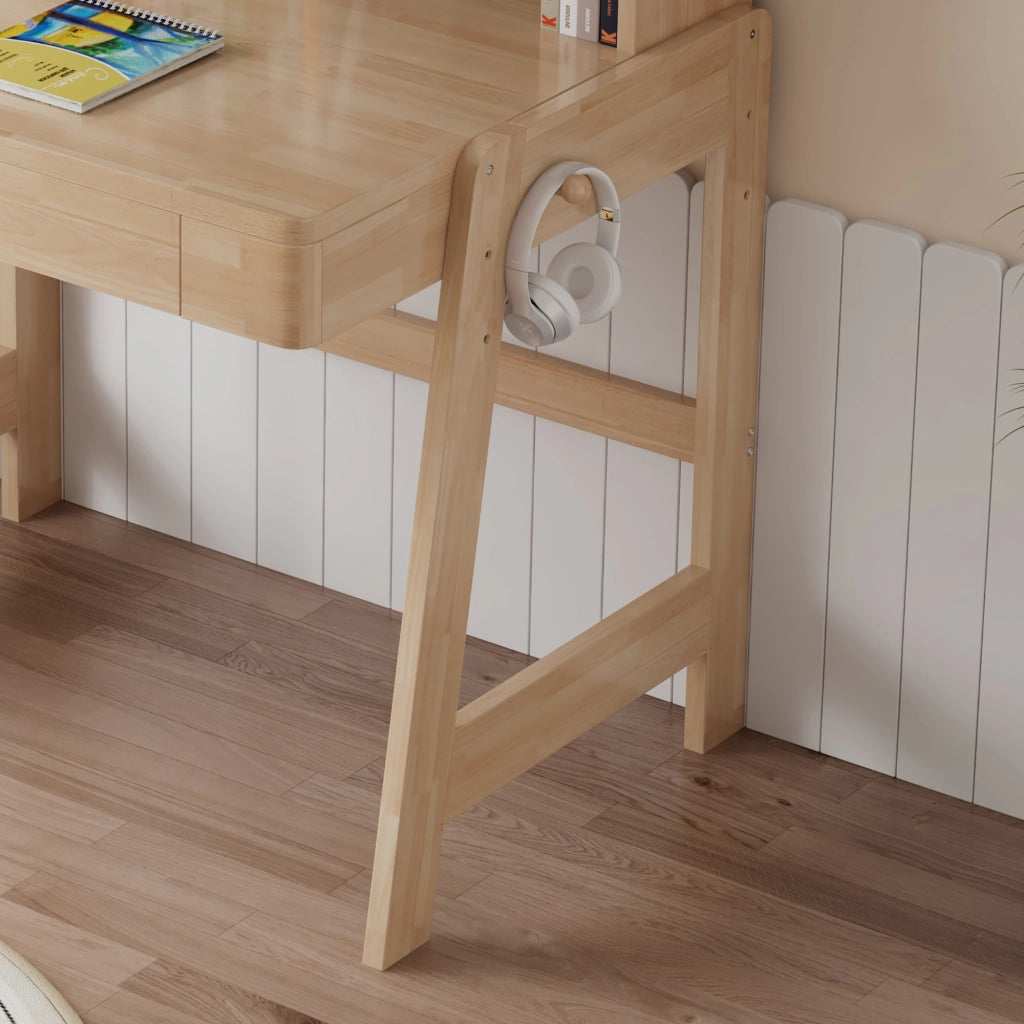 Scrivania lineare per bambini da 6 anni con altezza regolabile, cassetto, vano contenitore e gancio, in legno naturale
