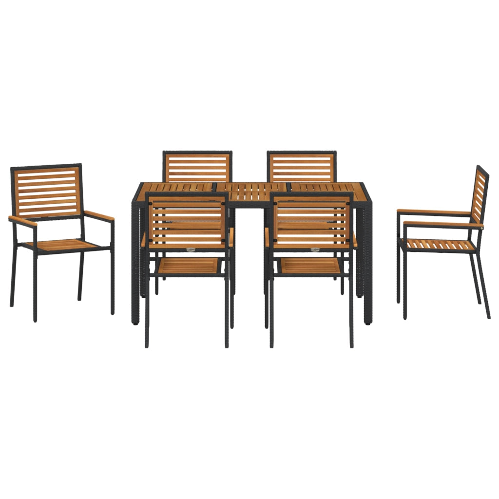 Set da pranzo da giardino  7 pezzi in polirattan nero e acacia