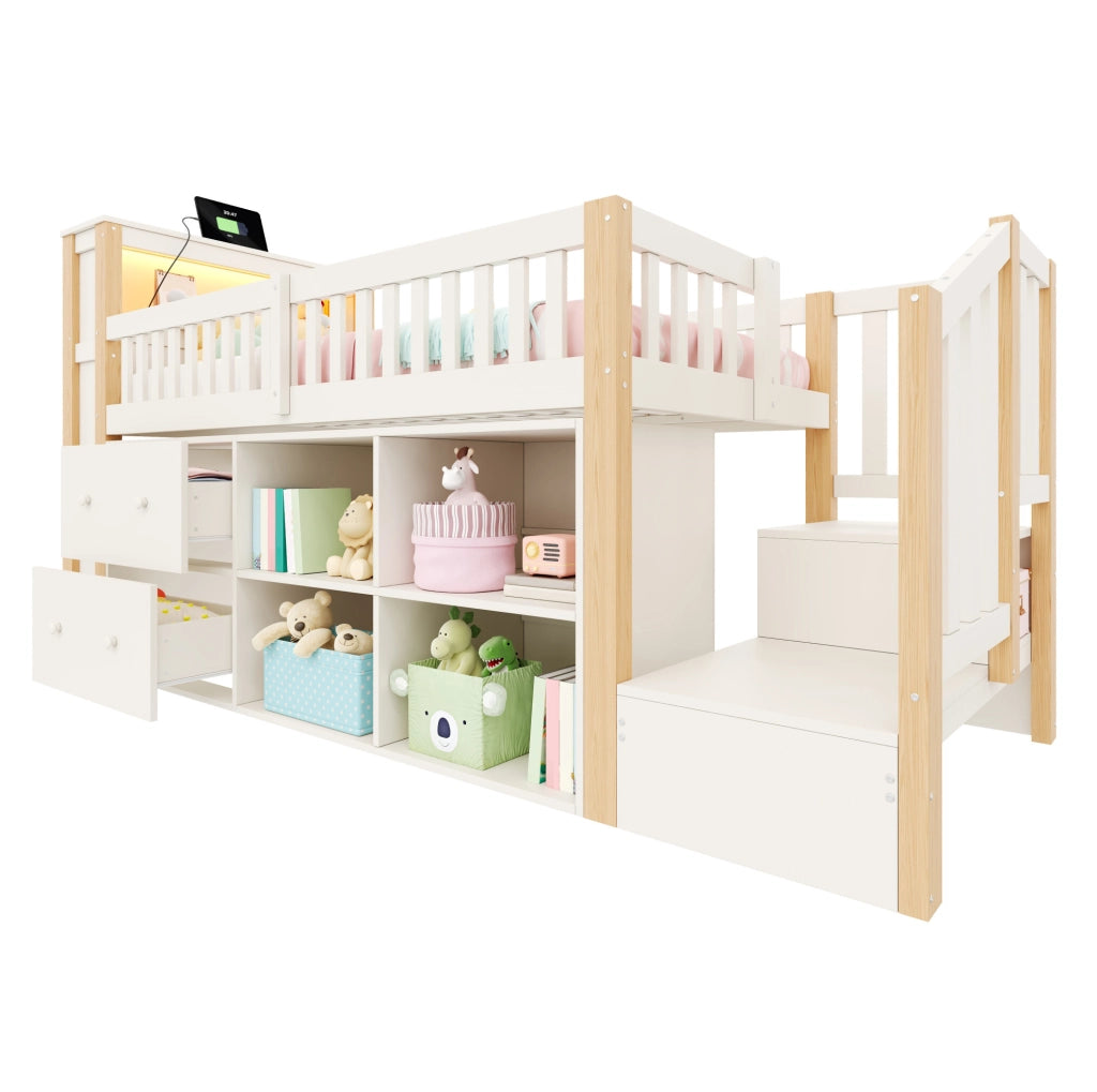 Letto a soppalco 90x200 cm con scala; vani contenitore; LED e porte USB; naturale