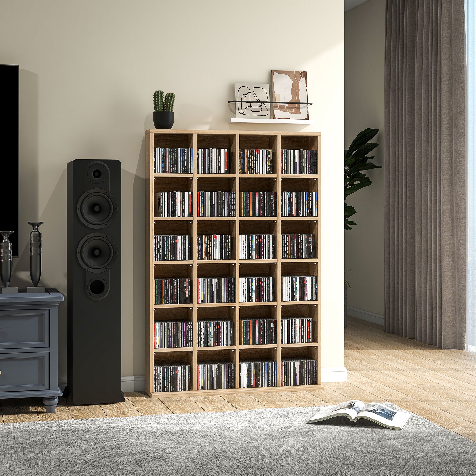 Mobile Porta CD 89x20x130.5 cm con Ripiani Regolabili per 456 CD o 336 DVD 24 Scomparti in Legno
