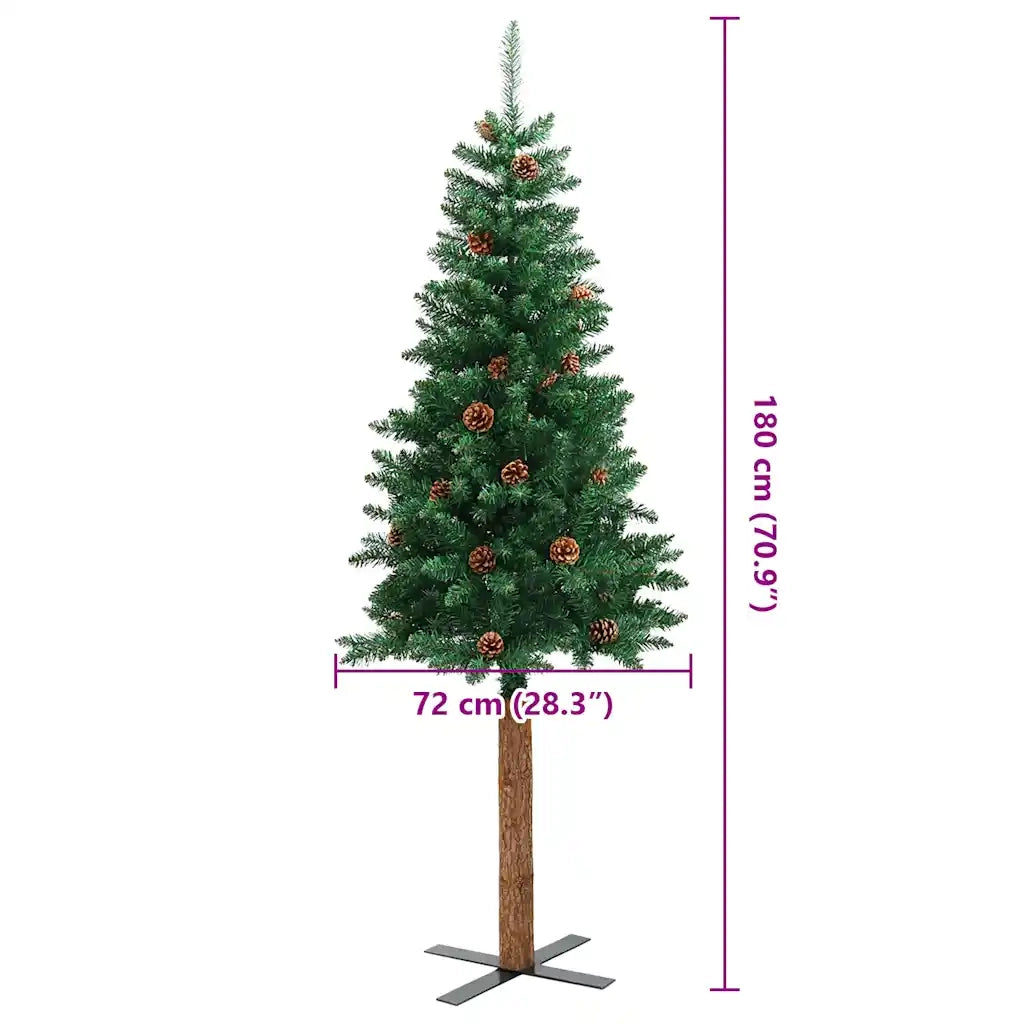 Albero di Natale Sottile con Legno Vero e Pigne Verde-Albero Natalizio-Decorazioni natalizie 180cm PVC