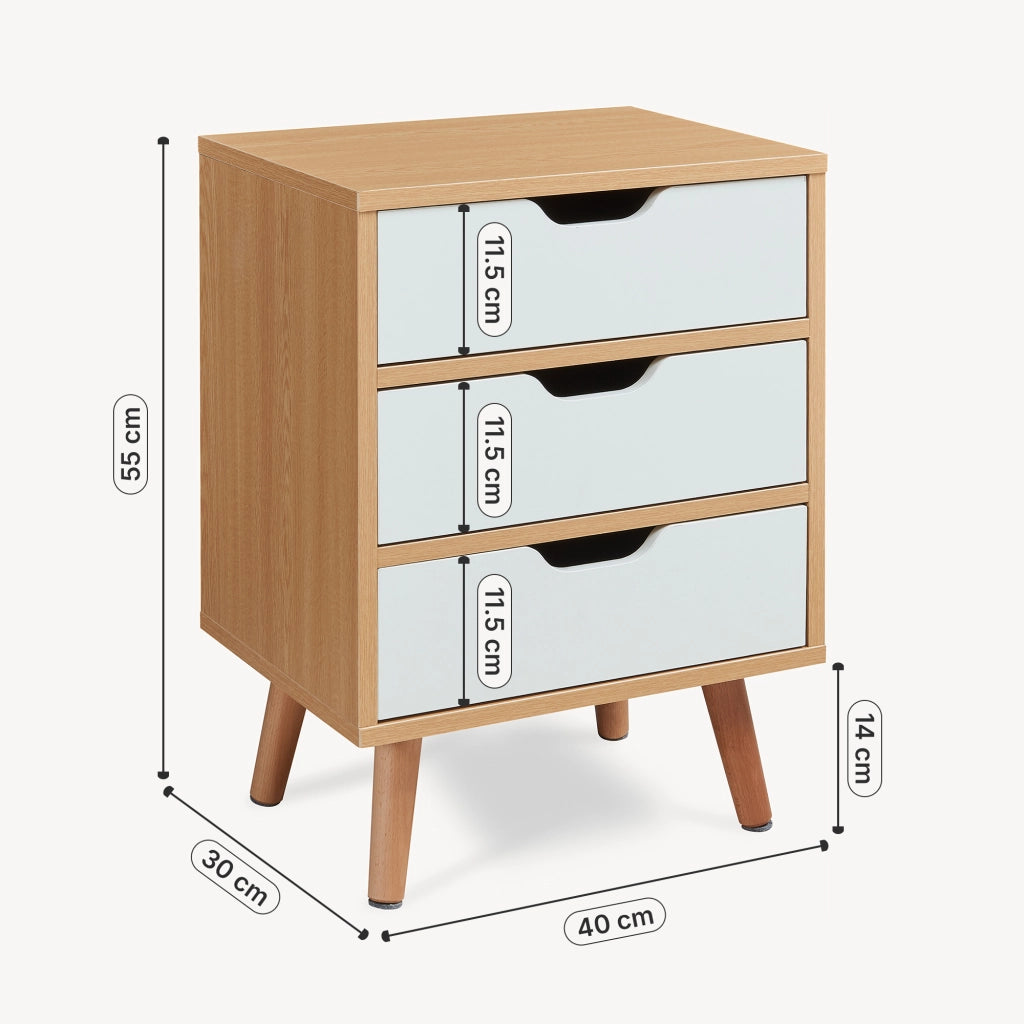 Comodino Bordkak con 3 Cassetti 55 x 40 x 30 cm - Effetto Rovere / Bianco [en.casa]