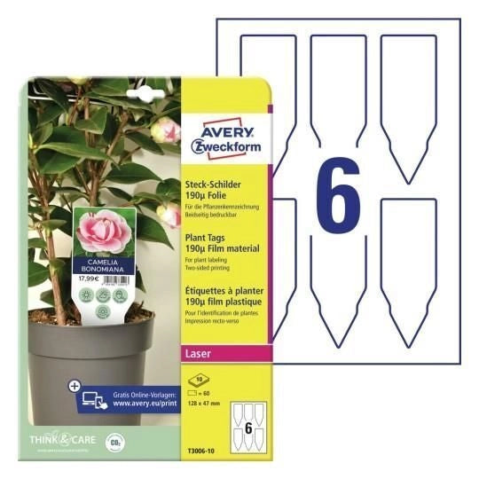Avery T3006-10 Cartellini per Piante in Poliestere 190µ 128x47 mm 60 pezzi colore Bianco