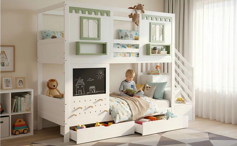 Letto a castello per bambini con pannello forato e cassetti, 90x200 cm, bianco/verde