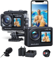 Videocamera da corpo 4K 24MP con connessione WiFi, camera subacquea 40M acqua resistente, 170° angolo di campo, migliorata funzione di stabilizzazione dell'immagine a distanza, 2 x batterie 1050 mAh, accessori per batterie multiple