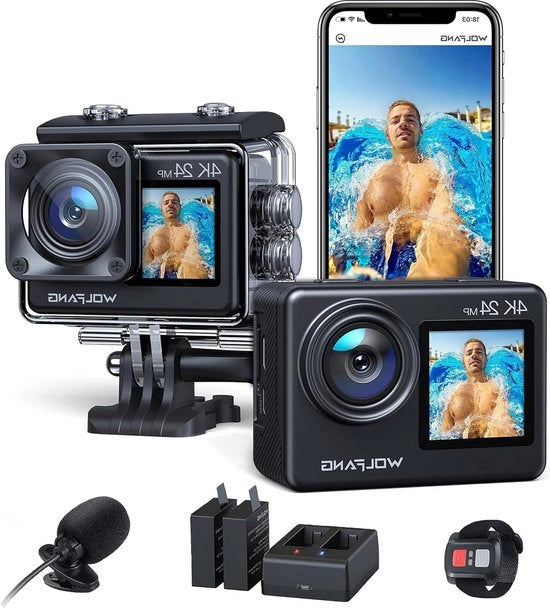 Videocamera da corpo 4K 24MP con connessione WiFi, camera subacquea 40M acqua resistente, 170° angolo di campo, migliorata funzione di stabilizzazione dell'immagine a distanza, 2 x batterie 1050 mAh, accessori per batterie multiple