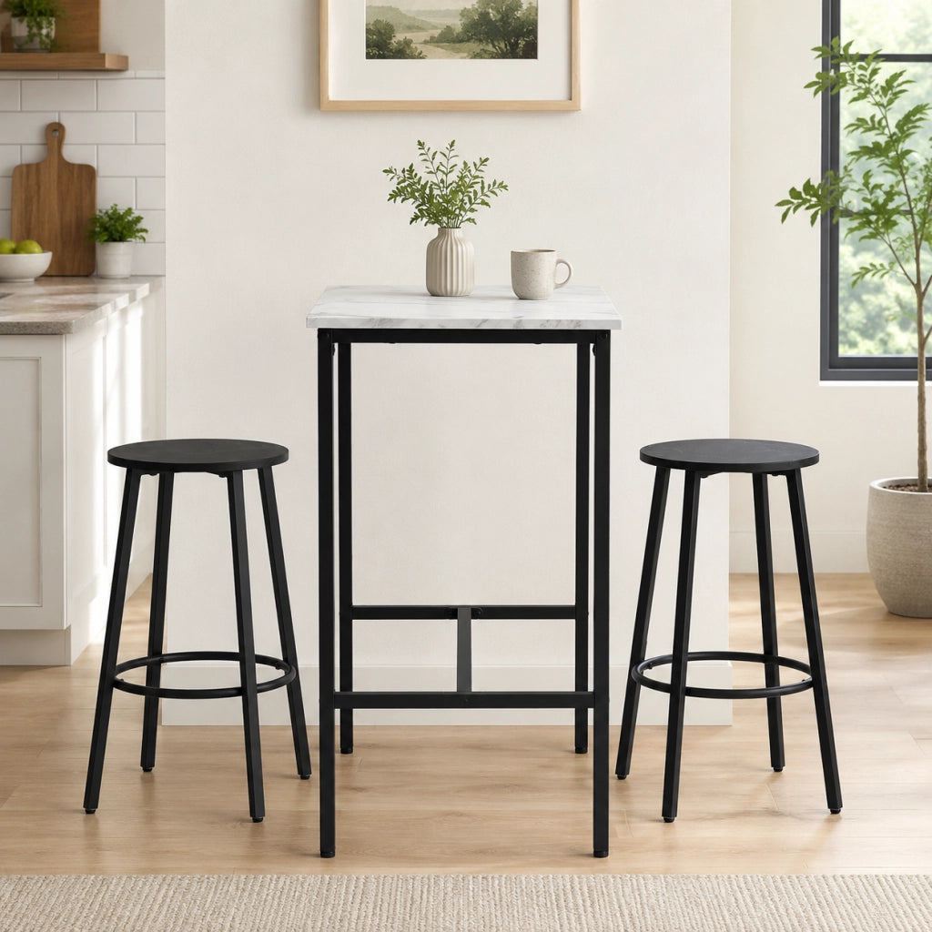 Set bar con 2 sgabelli; piano effetto marmo; acciaio; bianco