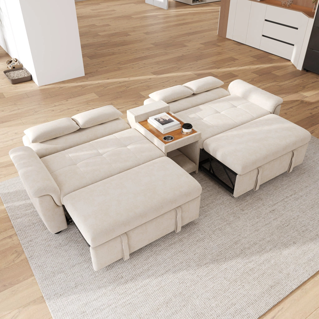 Divano a U letto con doppio modulo estraibile, schienale regolabile, area animali, portabicchieri in chenille beige