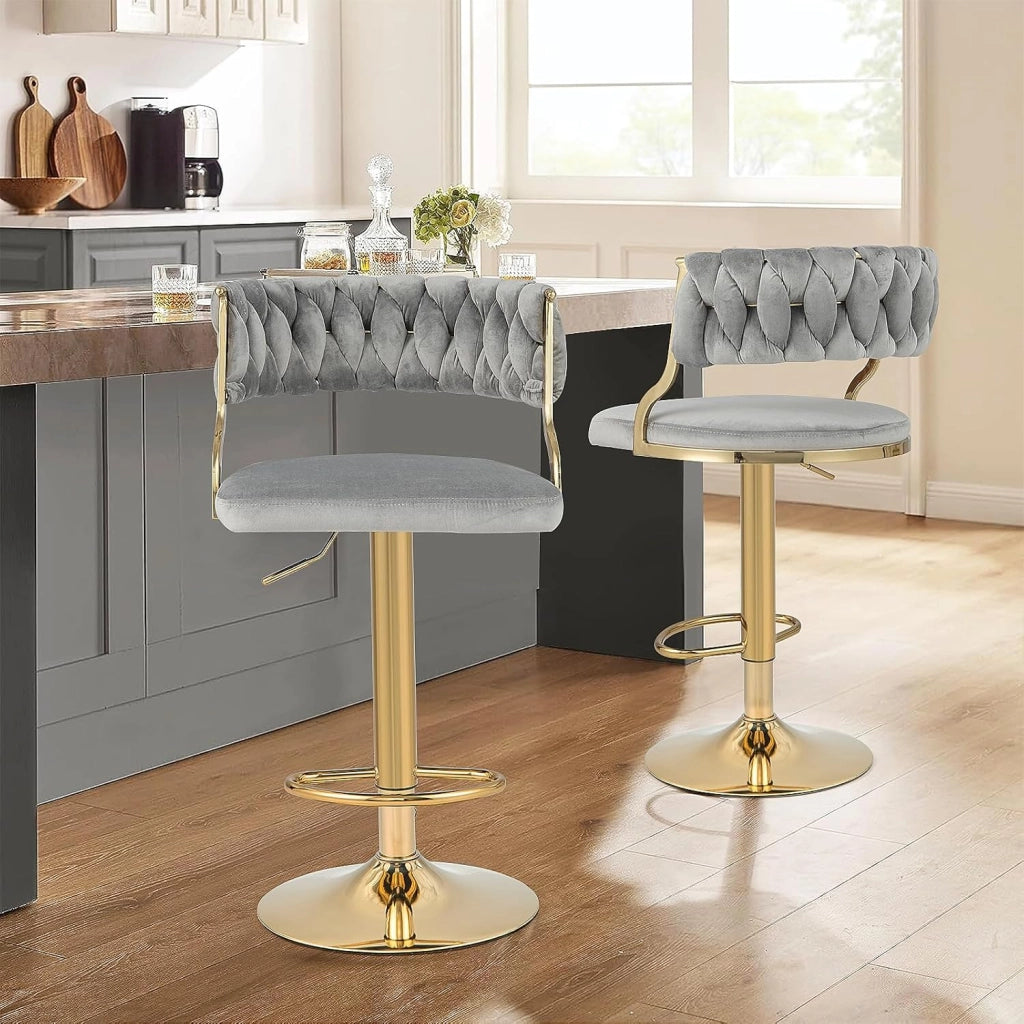 2 Sgabelli da Cucina, Sgabelli Girevoli e Regolabili in Altezza con Poggiapiedi, Sgabelli Alti Rivestiti in Velluto con Schienale Intrecciato per Bar, Cucina e Caffetteria (Grigio)