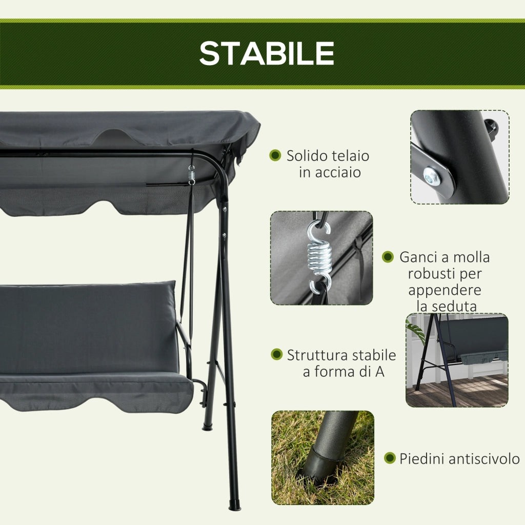 Dondolo 3 Posti con Tettuccio Regolabile e Cuscini. in Acciaio e Poliestere. 172x110x153 cm. Grigio