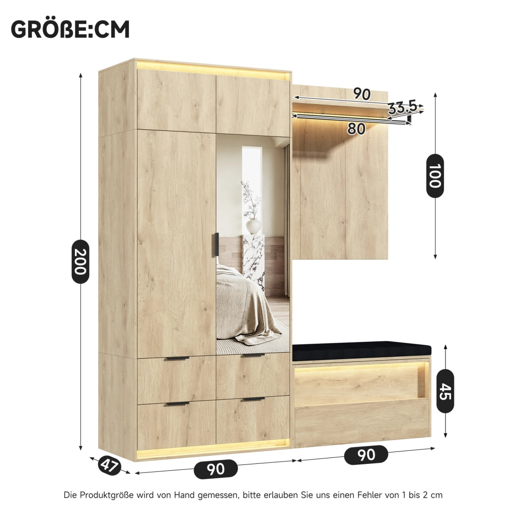 ARMADIO Guardaroba con LED, Specchio e Panchina 180x47x200 cm MDF Rovere Antracite