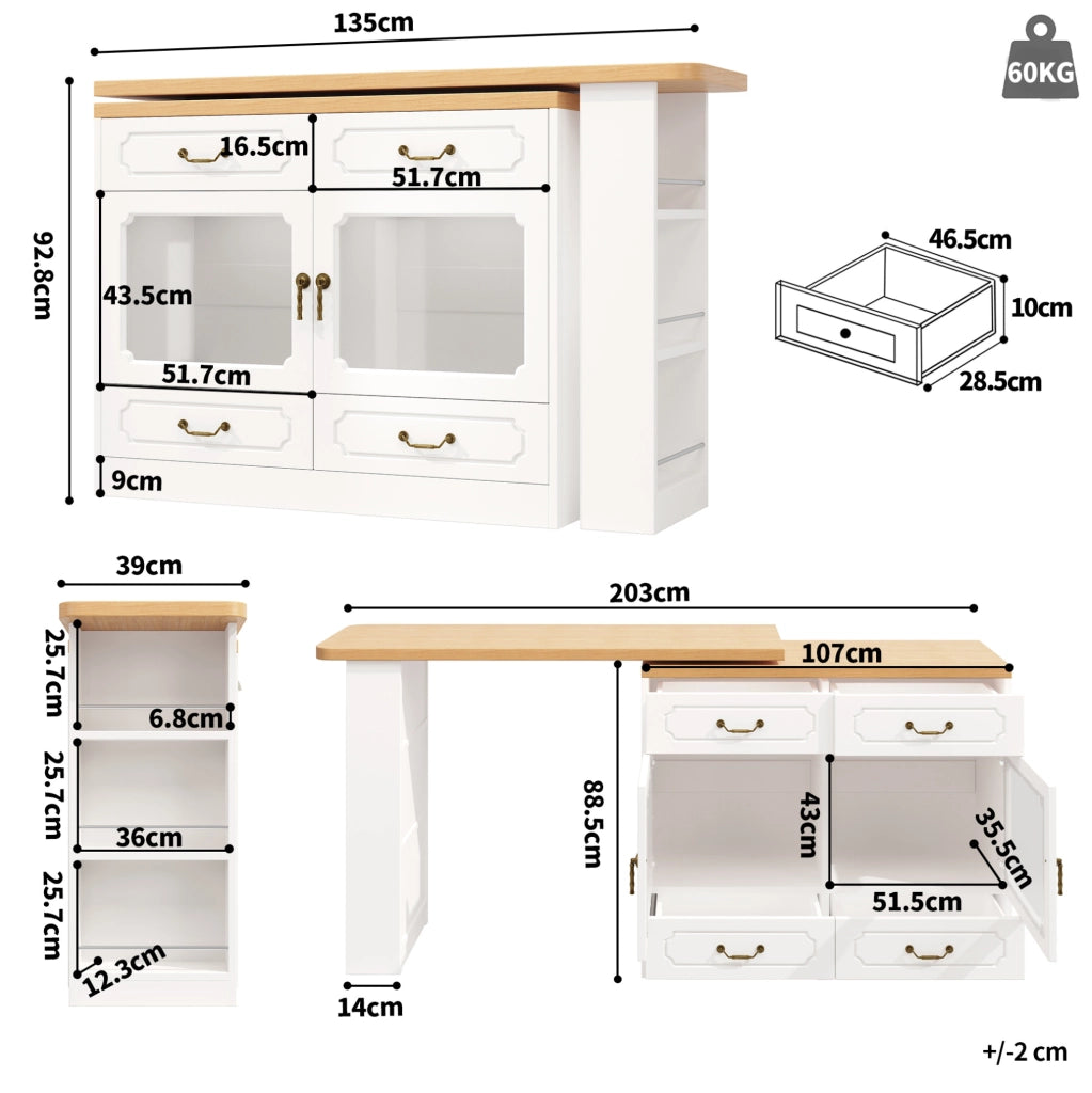 Tavolo bar 135-203x39x92.8 cm allungabile con rotazione a 360° e LED in MDF bianco e naturale