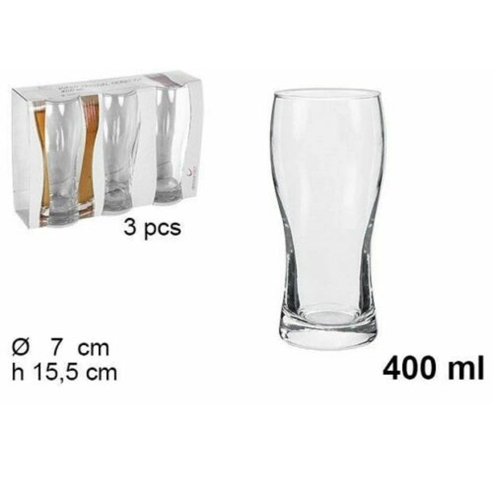Trade Shop - Set Servizio 3 Bicchieri Boccali In Vetro Da 400ml Per Birra Bevande Casa Bar -