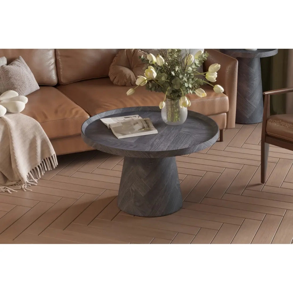 Tavolino basso rotondo collezione CARVELA – Decorazione grigio scuro – Bordo rialzato – D80 x H47 cm