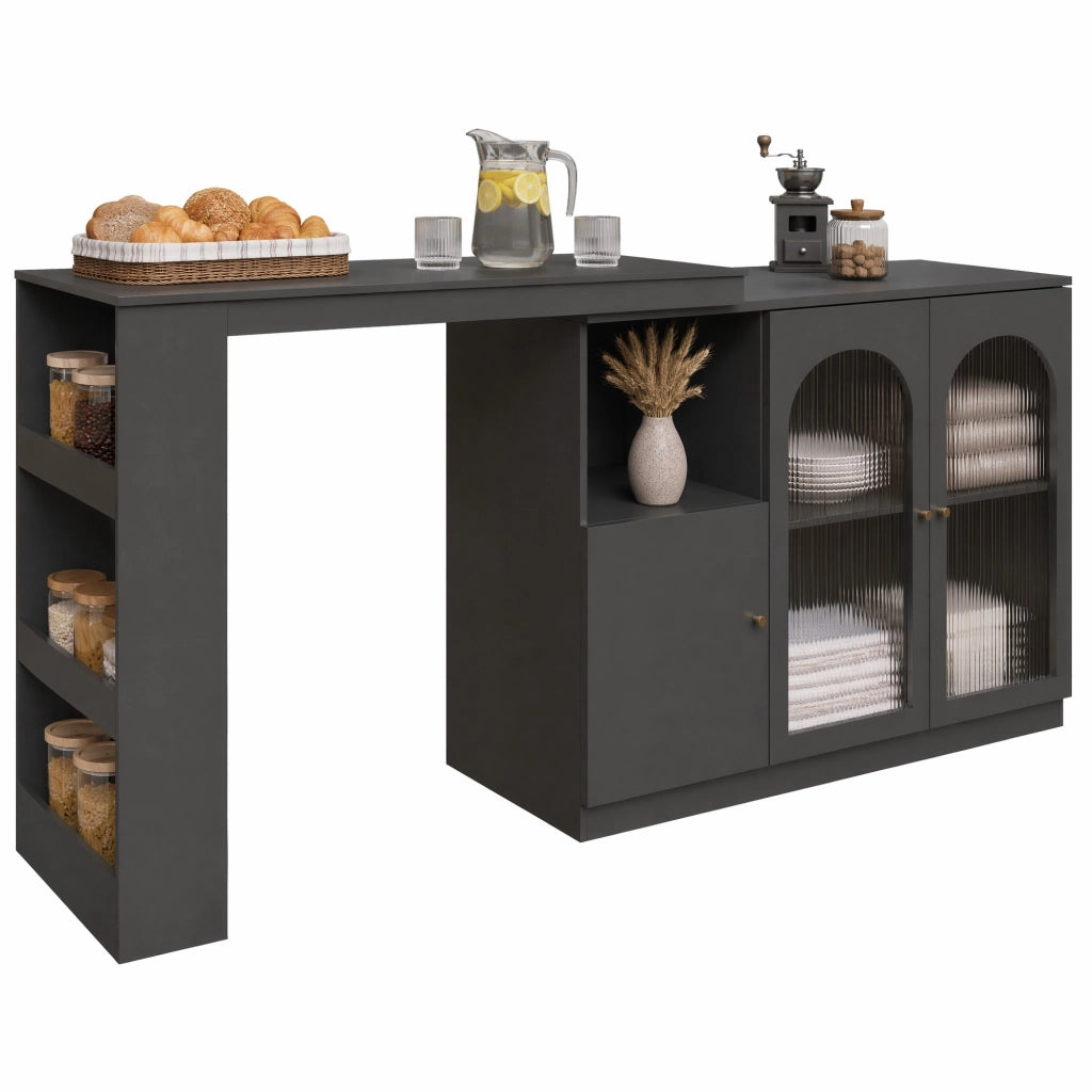Mobile bar girevole 360° con ante in vetro, 120 x 40 x 97 cm, nero, in MDF, mobile contenitore moderno per cucina e soggiorno