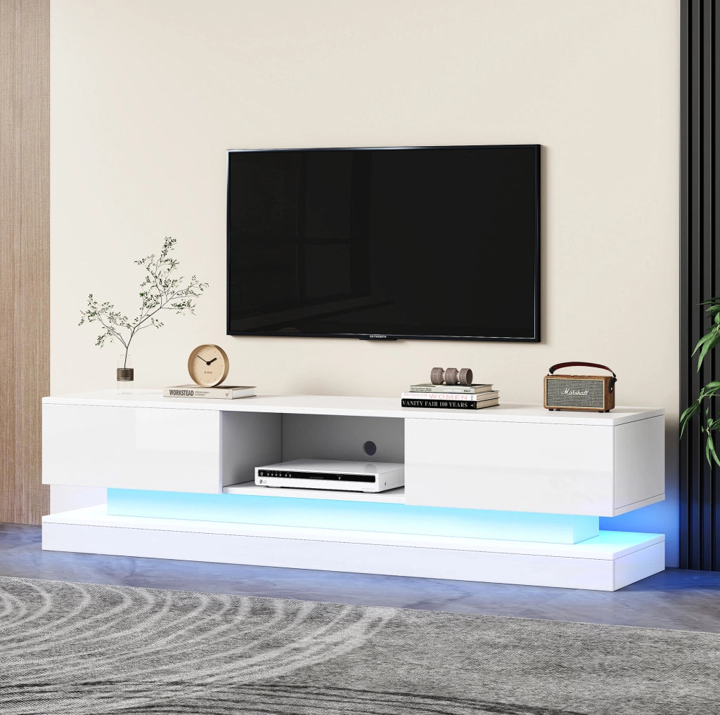 Mobile TV laccato bianco lucido con LED e cassetti