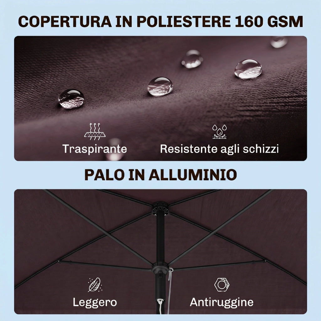 Ombrellone da Giardino Rettangolare e Regolabile con Palo in Alluminio, 2x1.3x2.5 m, Marrone e Nero