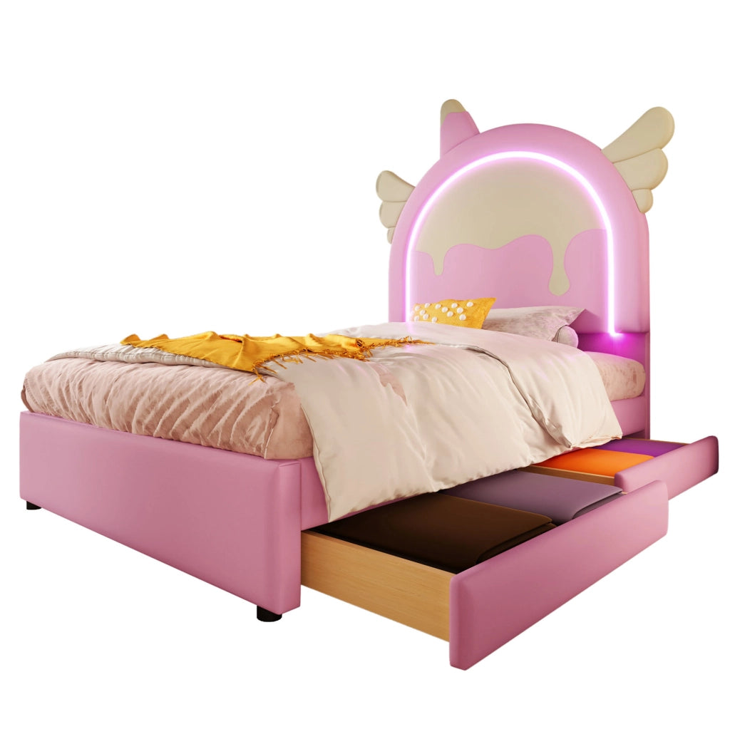 Letto imbottito 90x200 cm con barra LED; 2 cassetti; PU e MDF; rosa