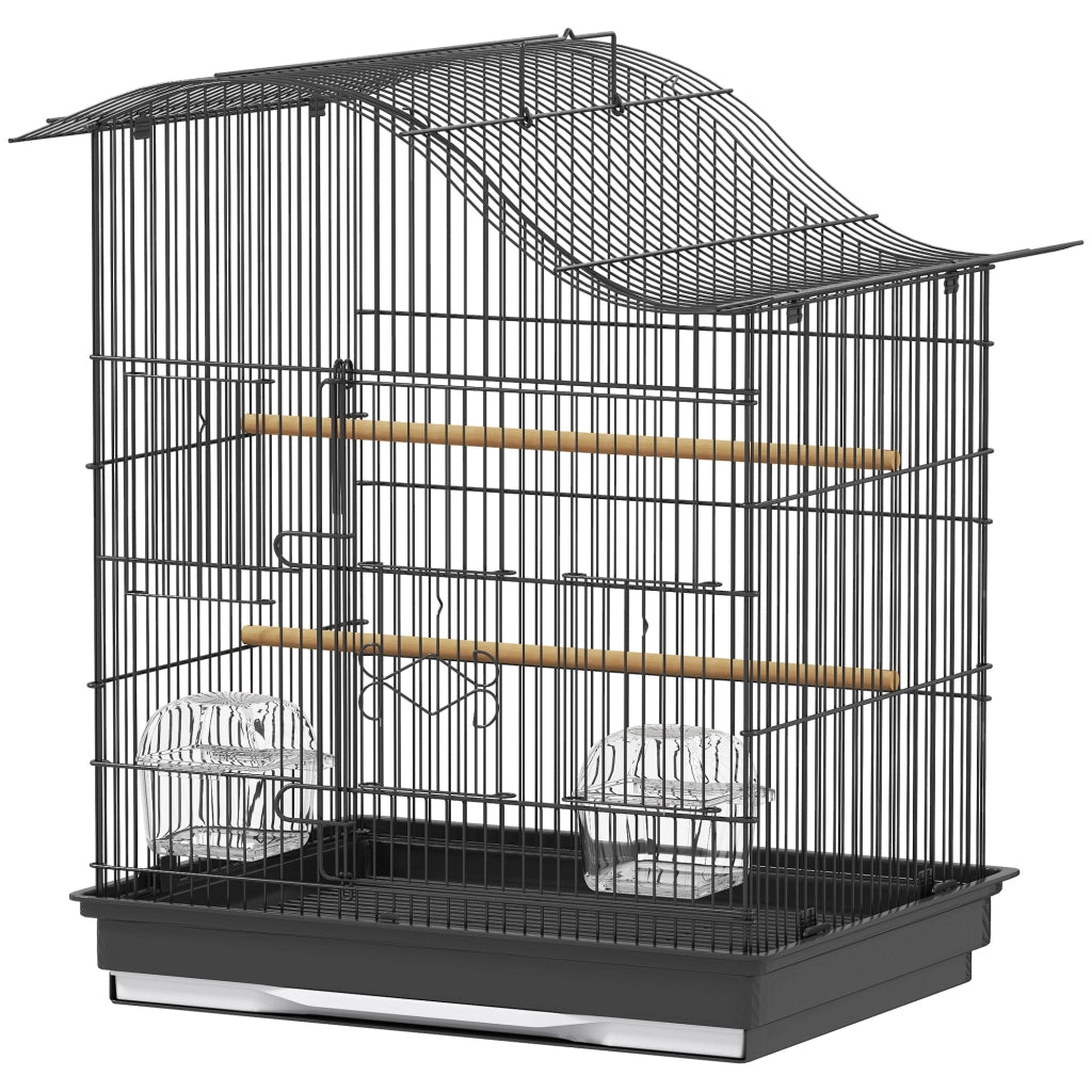 Gabbia per Uccelli a 4 Porte con 2 Ciotole, 2 Posatoi e Vassoio, in Metallo e Plastica, 47.5x36x54.5 cm, Nero