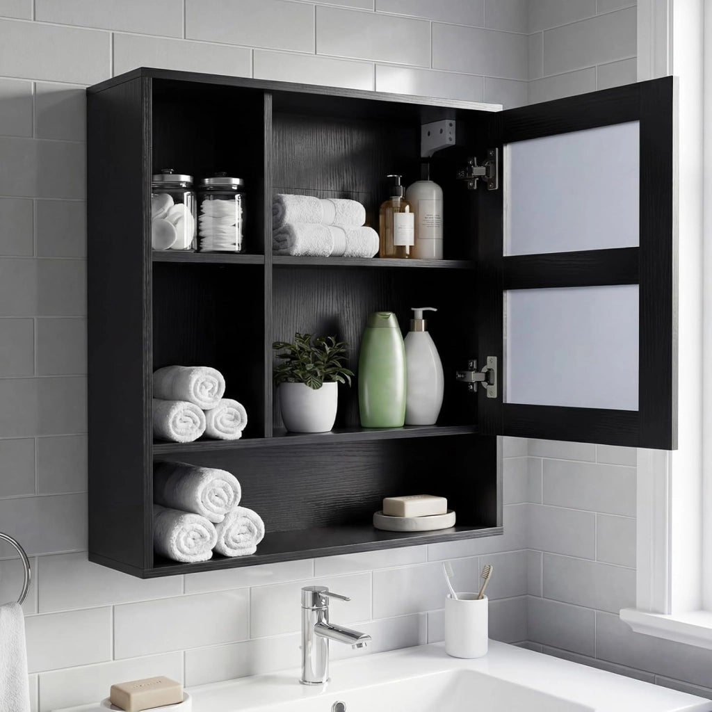 Mobile Bagno con Specchio, Specchio Bagno Contenitore con Porta Singola e 3 Ripiani Aperti, Mobiletto Salvaspazio in Legno per Lavanderia e Ingresso, 56 x 16 x 61 cm (Nero)